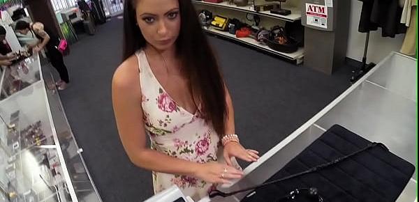  Pawnshop domme selling her gear before pov bj